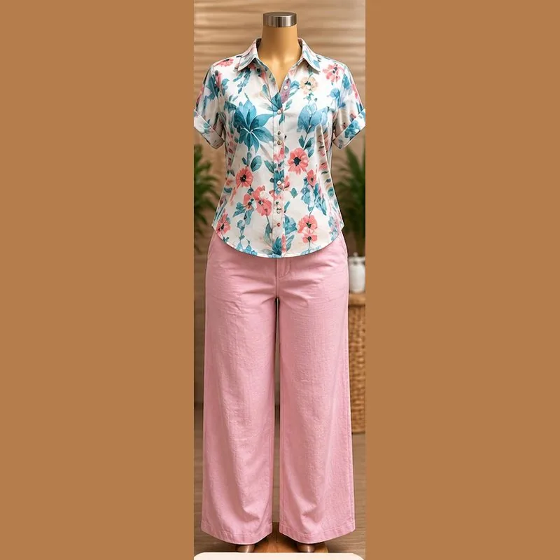 Conjunto blusa floral y pantalón rosa