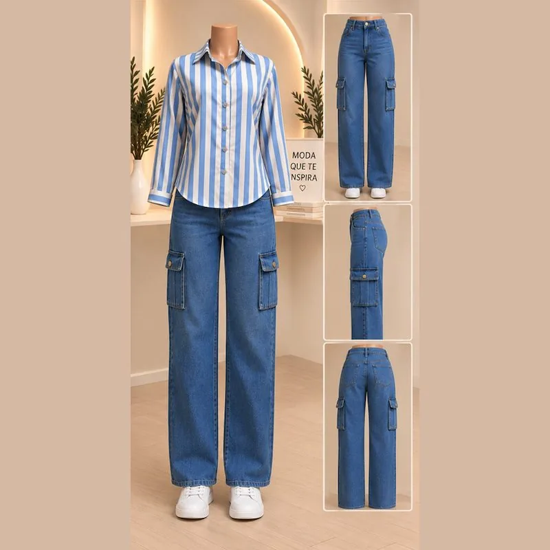 Conjunto camisa de rayas y jeans cargo