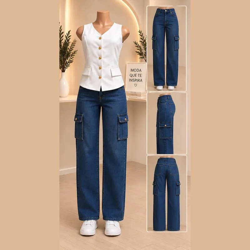 Conjunto chaleco blanco y jeans cargo